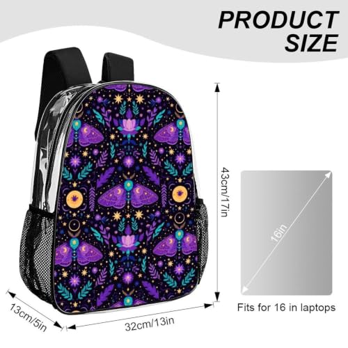 Reinforced Strap Clear See Through Backpack Concert Festival | Padded Adjustable Shoulder Strap, Goth Moon Moths, Stadium Approved Bookbag for College Men Women Festival - color: Pattern (322)