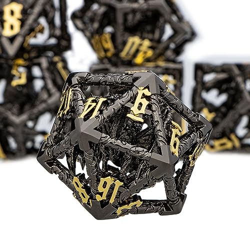 ARUOHHA Hollow DND Dice Set Black Gold 5-Headed Dragons D and D Dice with Gift Box, RPG Role Playing Games 7PCS Metal Dungeons Polyhedral Dice Set D20 D12 D6 - color: Black Gold-02