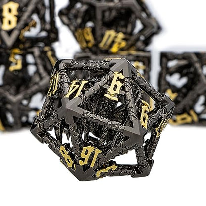 ARUOHHA Hollow DND Dice Set Black Gold 5-Headed Dragons D and D Dice with Gift Box, RPG Role Playing Games 7PCS Metal Dungeons Polyhedral Dice Set D20 D12 D6 - color: Black Gold-02