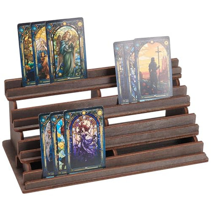 UNICRAFTALE 4-Tier Wooden Board Game Card Holder Dark Brown Cards Display Riser Solid Wood Card Playing Holder Stand for Bridge Canasta Strategy Games Tabletop Organizer 5.5x11x4.5 Inch - color: Dark Brown