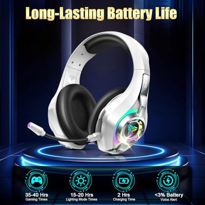 Ordtop 2.4GHz Wireless Gaming Headsets for PS5/PS4/Switch, 2026 RGB Noise Cancelling Over-Ear Headphones with 7.1 Surround Sound, 40mm Drivers, 276g Ultraligero, Memory Foam, 45H Gaming Headphones﻿ - color: White