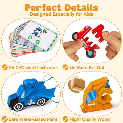 Wooden Vehicle Alphabet Puzzle for Toddlers, Traffic ABC Letter Sight Words Matching Game with 52 Blocks and Flash Cards, Spelling Game Toys, Kindergarten Preschool Learning Activities