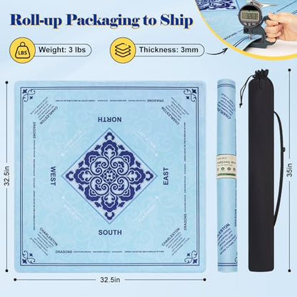 Mahjong Mat with Rule, 32.5" x 32.5" Waterproof Soft Surface Game Mat, Easy Clean Non-Slip & Noise-Reduce Mah Jong Table Mat with Carry Bag, Rolled Packaging for American Mahjong, Poker, Game - color: Light Blue