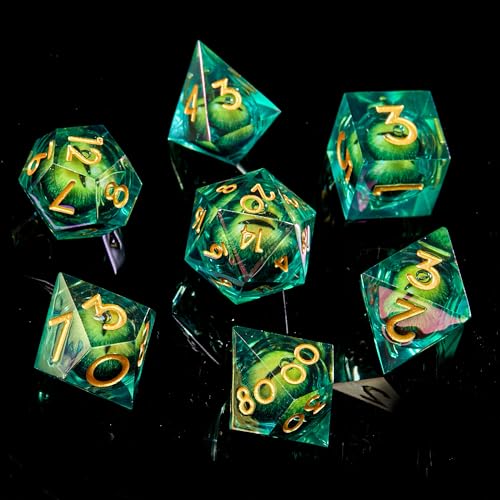 FugaCity DND Dice Set,Liquid Core Handmade Sharp Edge 7 Piece Resin Dice-Dungeons and Dragons Polyhedral Dice Set, D&D Dice Set with Gift Dice Case for RPG MTG Table Games - color: A-green Dragon's Eye