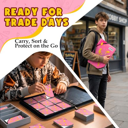 Card Binder for Pokemon Cards, 9 Pocket Trading Card Binder Holds 900 Cards with 50 Removable Sleeves, 3 Ring Zipper Card Holder Album Book Case for TCG, MTG, Sports Cards Collection, Boys Girls - color: Pink