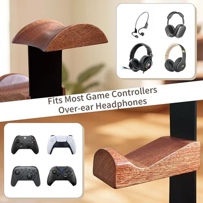 Solid Wood Headphone Stand with Controller Holder, Space-Saving Dual Hanger & Gamepad Organizer for Desktop, Gaming Desk Accessories with Stable Base Storage
