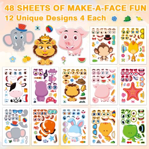 48 Animal Make-a-Face Sticker Sheets for Kids | 12 Designs, Mix 'n Match Crafts, Party Favors & Goodie Bag Stuffers - style: Cute Animals