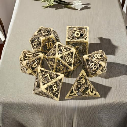 Metal DND Dice Set Dungeons and Dragon Dice Set Hollow Dragon Polyhedral Magic 7 PCS Dice Set with Gift Metal Box for Dungeons and Dragons Table Games Play Cards MTG(Dragon_Ancient Bronze) - color: Dragon_ancient Bronze