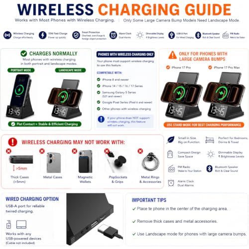 8-in-1 Wireless Charging Station with Bluetooth Speaker, Alarm Clock,FM Radio,Remote Control,Fast Charging Dock Compatible with iPhone 17/16/15/14, Samsung S25/S24,Android Phones