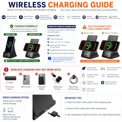 8-in-1 Wireless Charging Station with Bluetooth Speaker, Alarm Clock,FM Radio,Remote Control,Fast Charging Dock Compatible with iPhone 17/16/15/14, Samsung S25/S24,Android Phones