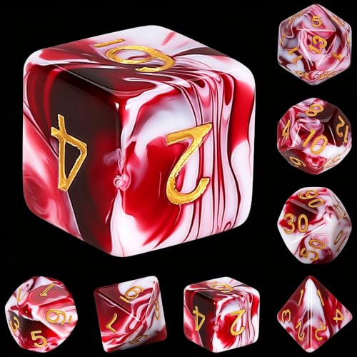 QMAY DND Dice Set -D&D Polyhedral Dice (7 Pcs) for Dungeons and Dragons (Blood red and White) - color: Blood Red and White