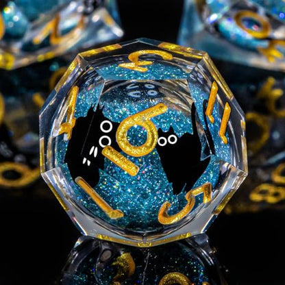 Roycevon Resin DND Dice Set with Gift Box, 7Pcs Liquid Core Cat D&D Dice, Cute Dungeons Dragons D and D Dice, Sharp Edge Role Playing Game Dice D20 D12 D10 D8 D6 D4, Blue Gold - color: Blue Gold