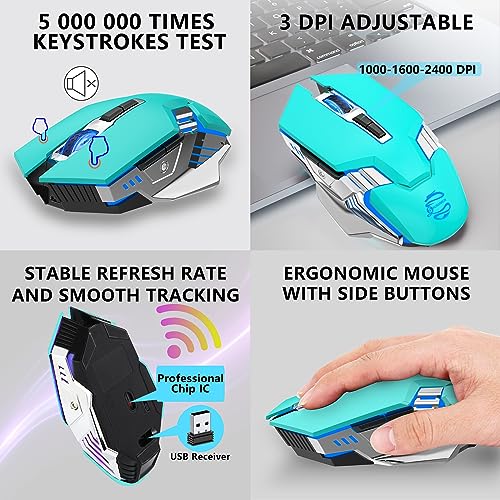 Bluetooth Wireless Mouse Rechargeable 3 Device Connection with LED Backlit | Quiet Click, Ergonomic, 7 Buttons, 3-Mode(2.4G/BT5.0/BT3.0), RGB Gaming Computer Mice for Laptop PC MacBook - Mint Green - color: Mint Green