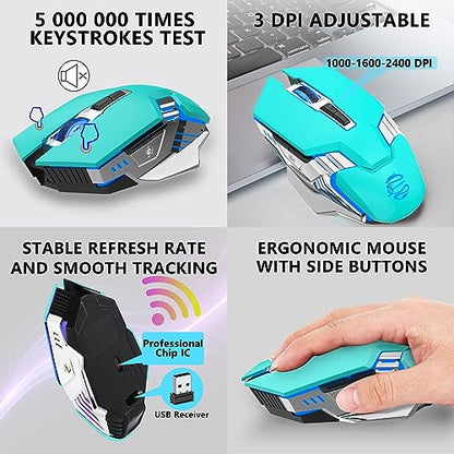 Bluetooth Wireless Mouse Rechargeable 3 Device Connection with LED Backlit | Quiet Click, Ergonomic, 7 Buttons, 3-Mode(2.4G/BT5.0/BT3.0), RGB Gaming Computer Mice for Laptop PC MacBook - Mint Green - color: Mint Green