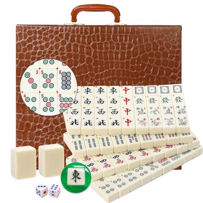 Mahjong Set,Chinese Mahjong Game Set with Carrying Travel Case, 1.5'' Large 146 Tiles with Arabic Numerals, 2 Dice and a Wind Indicator,Mah Jongg Set - color: Ivory