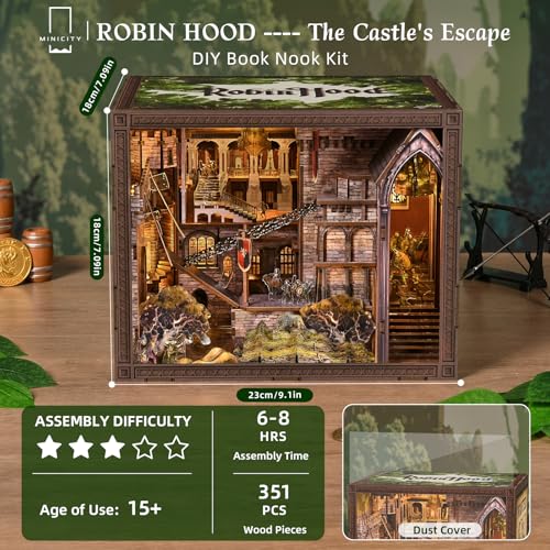 MiniCity Robin Hood Escape Book Nook Kit, Wooden Miniature House with LED | 351-piece wood/paper/plastic kit with LED and dust cover; glue/tools included; 8-10 hr project for shelf decor, ages 14+. - style: Robin Hood