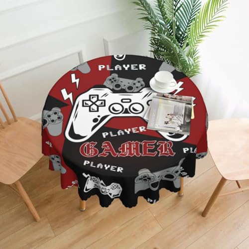 Gaming Table Cloths, Red Game Controller Gamer Video Gamepad Abstract Cooling Funny Kids Coffee Birthday Party Table Cover Decor for Kitchen Dining Room Farmhouse Outdoor Home, 60" Round - color: Game-2, size: 60" (Round)