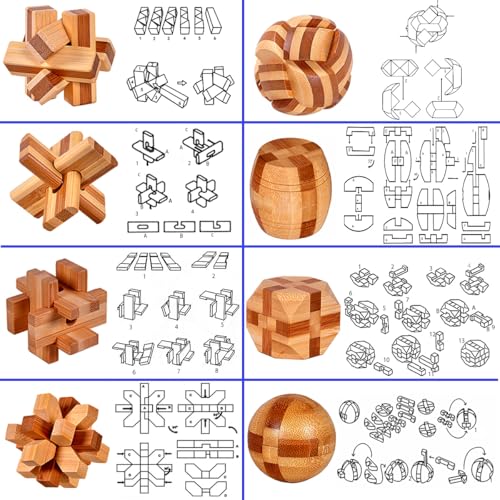 18 Pack Wooden Brain Teaser Puzzles Stress Relief Toys Wooden Burr Puzzles Brain Teaser Puzzle with Gift Packing Box Magic Puzzle Games Toy for Kids and Adults by AHYUAN (Bamboo) - style: Bamboo