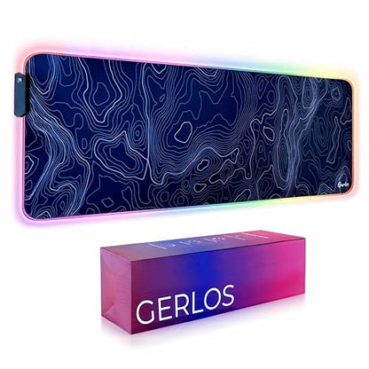 Gerlos RGB Gaming Mouse Pad, Large LED Desk Mat, 31.5 x 11.8 Inch | 12 light modes, non-slip base, water-resistant surface, stitched edges - color: Black