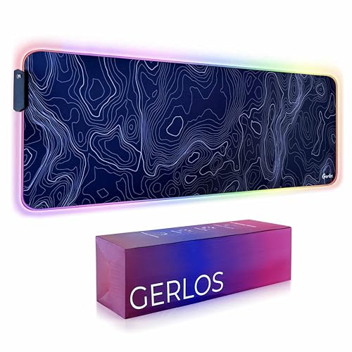 Gerlos RGB Gaming Mouse Pad, Large LED Desk Mat, 31.5 x 11.8 Inch | 12 light modes, non-slip base, water-resistant surface, stitched edges - color: Black