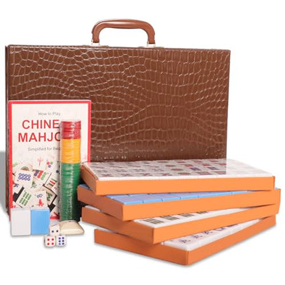 Chinese Mahjong Set, Mahjong Game Set with 146 Numbered Large Tiles (1.5", Blue), Mahjong Tiles Set with Brown Carrying Case - color: Blue Mahjong Set