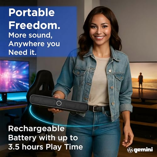 Gemini Portable Bluetooth Soundbar for TV, Desk & Gaming (GSBR-20) | 16" portable soundbar for TV, desk & gaming - USB-C or battery - dual 2" drivers - FM, 5-in-1 media