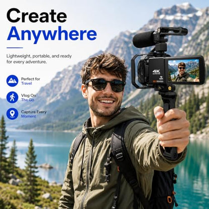 Acuvar 4K Video Camera Camcorder 60FPS 48MP with WiFi, 18X Zoom, Flip Screen, External Mic, Stabilizer & Tripod – Vlogging Camera Kit with 2 Batteries, Dual Charger & 64GB SD Card for YouTube - style: Elite Kit