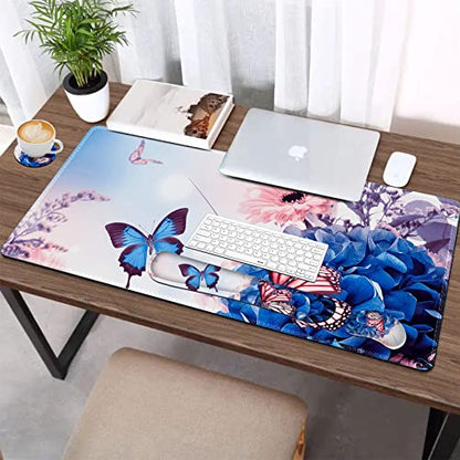 AIMSA Large Gaming Mouse Pad Set, Keyboard Wrist Rest Support Mouse Pad, Ergonomic Memory Foam Multifunctional Extended Desk Mat 35x15.7in Anti-Slip Rubber Base for Office Home, Butterfly Flower - color: Butterfly Flower