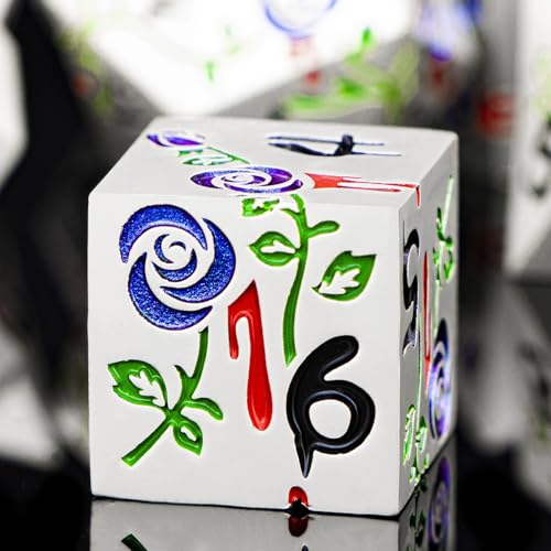 Gothic DND Dice Set Bleeding Rose Metal D and D Dice for use with Dungeons Dragons D&D Role Playing Game, Blue Purple RPG Polyhedral Dice Set D20 D12 D10 D8 D6 D4 - color: Purplish Blue&silver&black Numbers