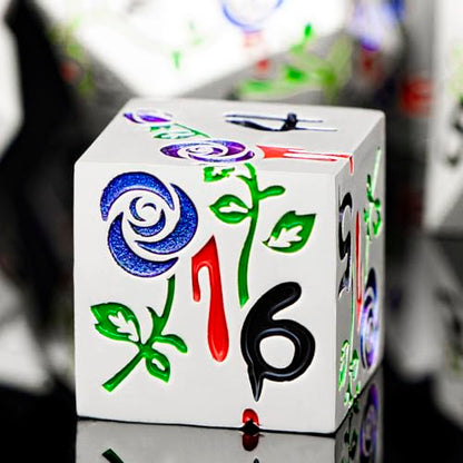 Gothic DND Dice Set Bleeding Rose Metal D and D Dice for use with Dungeons Dragons D&D Role Playing Game, Blue Purple RPG Polyhedral Dice Set D20 D12 D10 D8 D6 D4 - color: Purplish Blue&silver&black Numbers