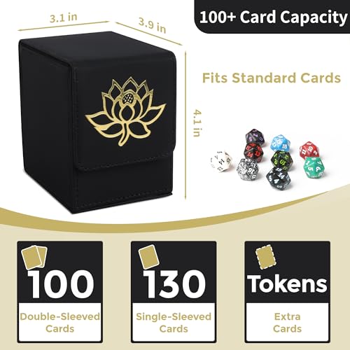 Card Deck Box with 2 Dividers, MTG Commander Deck Box Holds 100+ Double-Sleeved Cards, Leather Magnetic Deck Case Compatible with Magic TCG CCG Cards, Golden Lotus - color: 4. White&Lotus01&HS-Golden, size: 100 Double-sleeved Cards Vertical