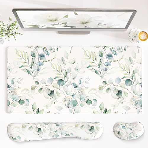 QIYI PU Leather Desk Mat Set, 4-in-1 Ergonomic Wrist Rest, Eucalyptus | Waterproof Large Mouse Pad 31.5×15.7 + Keyboard Wrist Rest + Mouse Wrist Support+Coaster, Non-Slip Office Gaming Accessories - color: Eucalyptus Branches