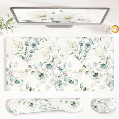 QIYI PU Leather Desk Mat Set, 4-in-1 Ergonomic Wrist Rest, Eucalyptus | Waterproof Large Mouse Pad 31.5×15.7 + Keyboard Wrist Rest + Mouse Wrist Support+Coaster, Non-Slip Office Gaming Accessories - color: Eucalyptus Branches