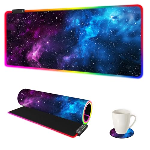 ARTSO RGB Mouse Pad Led,XXL Large Mouse Pad Purple Blue Starry Nebula, Big Mouse mat Computer Mousepad with 14 Light Modes, 35.4 x15.7 Inch Keyboard Mat - color: Purple Blue Starry Nebula