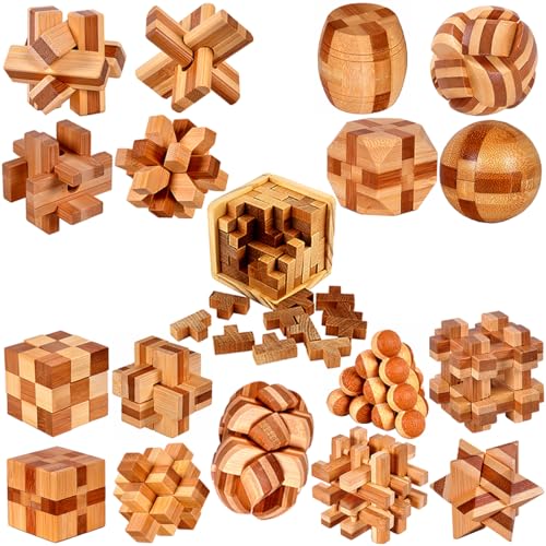 18 Pack Wooden Brain Teaser Puzzles Stress Relief Toys Wooden Burr Puzzles Brain Teaser Puzzle with Gift Packing Box Magic Puzzle Games Toy for Kids and Adults by AHYUAN (Bamboo) - style: Bamboo