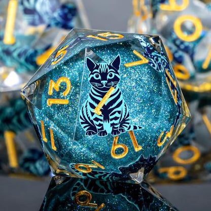 KERWELLSI Cat Liquid Core DND Dice Set with Gift Box, 7Pcs Resin Dungeons Sharp Edge D&D Dice, Dragons D and D Role Playing Dice D20 D12 D10 D8 D6 D4 - color: White and Blue Cat