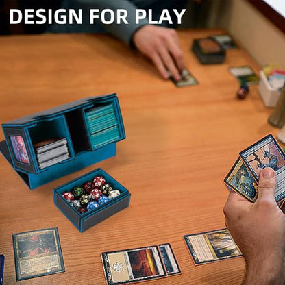 AFIING MTG Commander Card Storage Box - Fits 200 Double Sleeved Cards,3-in-1Card Deck Case,Strong Magnet Card Organizer For Magic Commander TCG CCG,4Dividers &2 Toploaders, Black/Cyan - color: Black Cyan
