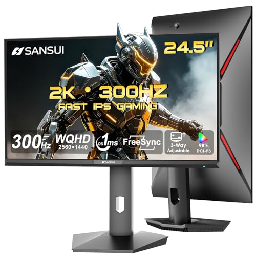 SANSUI 24.5 Inch Gaming Monitor QHD 1440P 300Hz 240Hz, 1ms Fast IPS Computer Monitor, 2× HDMI 2.1 Up to 300Hz, 2× DP 1.4 Up to 300Hz, 130% sRGB Eye Care VESA Support (DP Cable Included ES-G25F6Q Pro) - size: 25 Inch