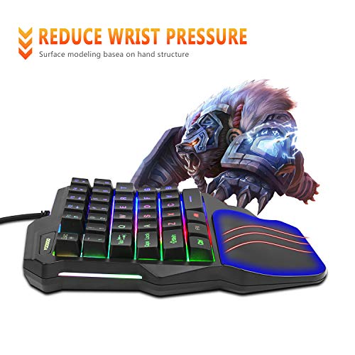 One-Handed Gaming Keyboard, Wired Mini 35 Keys Single Hand with Rainbow Fixed Backlit, Portable Gamer Keyboard with Ergonomic Design of Wrist Rest, Macro Recording Function, for PC Computer
