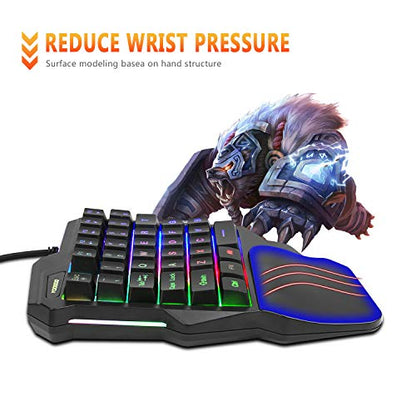 One-Handed Gaming Keyboard, Wired Mini 35 Keys Single Hand with Rainbow Fixed Backlit, Portable Gamer Keyboard with Ergonomic Design of Wrist Rest, Macro Recording Function, for PC Computer