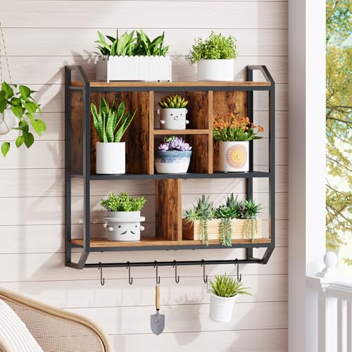HOOBRO Gaming Floating Shelf with LED Lights, 28.7" LED Wall Mounted Shelf, 3-Tier Display Rack for Wall Storage, Floating Rack with Hanging Rod and 6 S-Hooks, Rustic Brown and Black BF70DBJ01 - color: Rustic Brown + Black