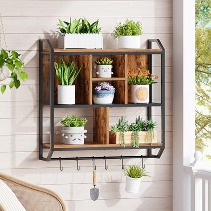HOOBRO Gaming Floating Shelf with LED Lights, 28.7" LED Wall Mounted Shelf, 3-Tier Display Rack for Wall Storage, Floating Rack with Hanging Rod and 6 S-Hooks, Rustic Brown and Black BF70DBJ01 - color: Rustic Brown + Black