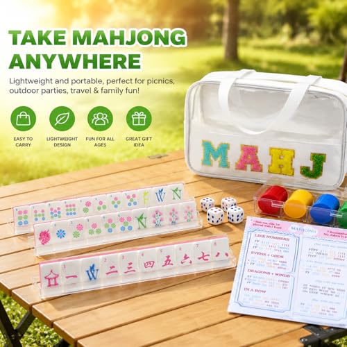 American Mahjong Game Set,Mahjong Set,Complete Mahjong Tile Set with 166 White Tiles (1.2’’),4 Tile rulers,4 dice,1 Bag,100 Chips,5 Instruction Manuals,Mahjong Game Gift for Enthusiasts