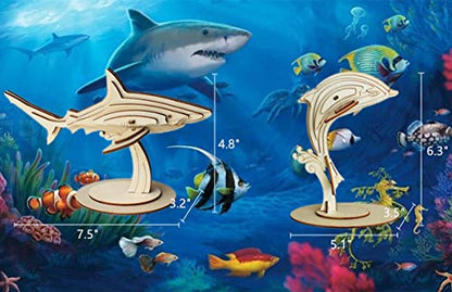 3D Wooden Sea Animal Puzzle - 6 Piece Set Wood Sea Animals Skeleton Assembly Model Kits - Wooden Crafts DIY Brain Teaser Puzzle - STEM Gifts for Adults & Teens Birthday Gifts Christmas - style: Sea Animals 6 model