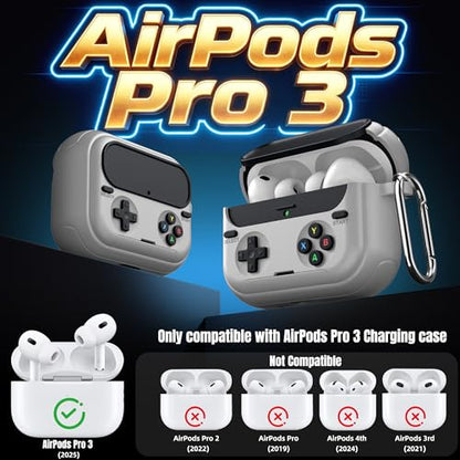 Getino Retro Game Case for AirPods Pro 3 | Game Console Design Protective Cover with Foldable Stand, Secure Lock Anti-Drop Shockproof PC+TPU Case, Keychain & Cleaning Kit for Men & Boys, Gray - color: Gray