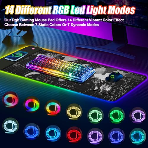 ToLuLu Wireless Charging RGB Gaming Mouse Pad, 15W Mouse Mat w/ 30W Charger | 14 Light Modes LED Large Mousepad with Wrist Support, Non-Slip Rubber Base Desk Mat Computer PC Keyboard Pad World Map - color: World Map