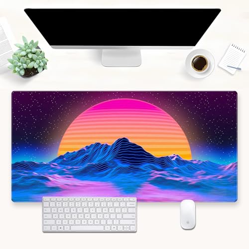 Synthwave Gaming Desk Mat, Retro 80s XXL Large Mouse Pad 31.5x15.7 in | Aesthetic outrun neon desk pad with comfortable 3mm cushion, smooth cloth surface, and non-slip rubber base. - color: Digital Art