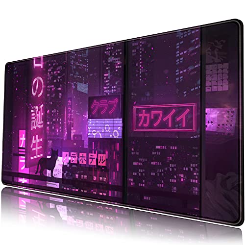 Purple Gaming Mousepad Japanese Desk Mat XXL Extended Anime Cool Large Mouse Pad Keyboard Mouse Mat Desk Pad for Computer Laptop Gamers 31.5''X15.7'' Non-Slip Rubber Base with Stitched Edges - color: A Purple Neon Sign