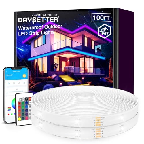 Outdoor LED Strip Lights Waterproof 100ft, IP67 Waterproof LED Light Strips with Remote, Music Sync APP Control, RGB Color Changing LED Lights for Eaves, Roof, Pool, Patio, Outdoor Decorations - size: 100ft(2 Rolls)