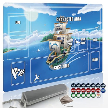 Playmat for One Piece Card Game (24x14 Inches): with Non-Slip Rubber, Zones Design, a Professional Storage Bag Included, Plus a Limited-Time Gift of a Set of 20 Damage Counters (Sky Ship) - color: Sky Ship